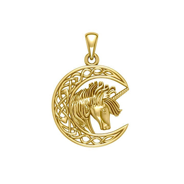 Unicorn with Celtic Crescent Moon Solid Gold Pendant GPD5890 - Jewelry